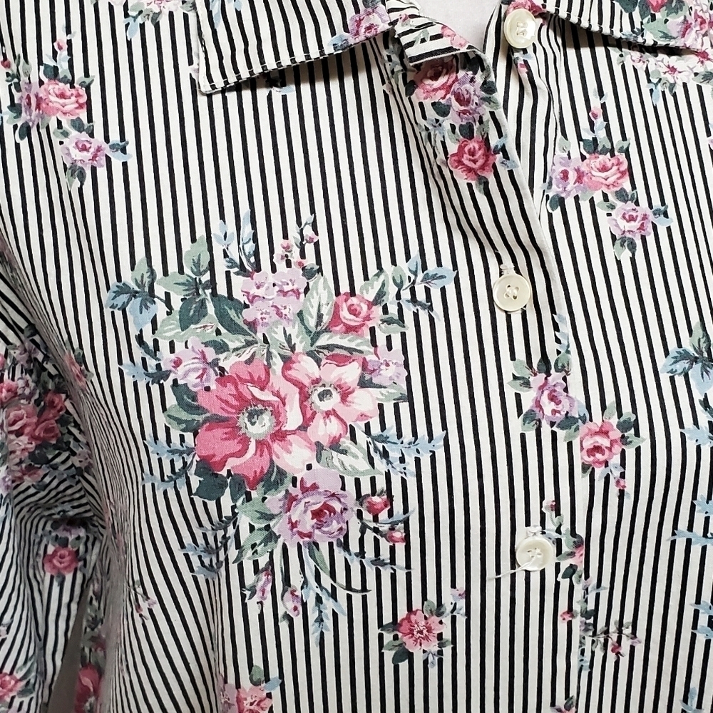 Casey & Max Vintage 80s Mixed Media Floral Striped Hi-low Button Up Blouse L - Picture 6 of 15
